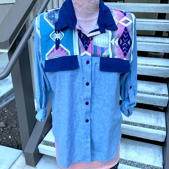 Vintage tapestry lightweight cotton denim aztec contrast collar & pocket flaps M - Picture 2 of 12